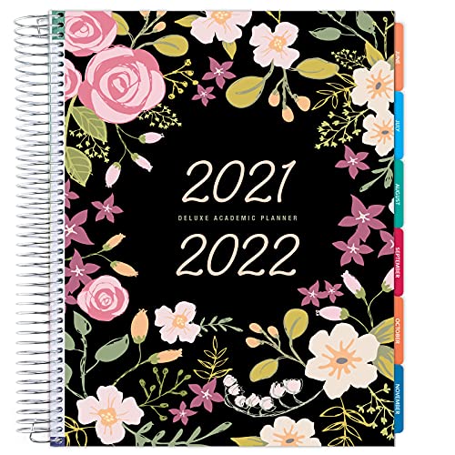 Global Printed Products Deluxe 2021-2022 Planner: 8.5 x11 Includes Page Tabs, Bookmark, Planning Stickers, Pocket Folder Daily Weekly Monthly Planner Yearly Agenda (Black Floral)