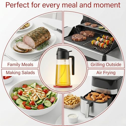 Image of H Houseware 2-in-1 Oil Dispenser Bottle and Sprayer | 520ml Kitchen Oil Spray Pump With Pour Spout Glass Bottle | Refillable Leakproof Cooking Sprayer for Healthy Cooking and Salad Making