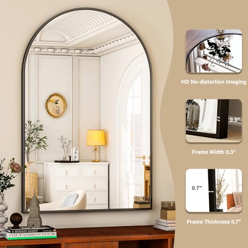 Image of HARRITPURE 16 inchx24 inch Arched Bathroom Mirror - Black Wall Mounted Mirror - Black Arch Mirror - Aluminum Alloy Frame Bathroom Mirror Living Room, Bedroom, Bathroom and Entryway
