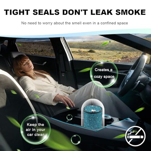 Image of Car Cigarette Ashtray with Lid, Stainless Steel Bling Crystal Diamond Smokeless Fireproof Vehicle Ashtray Holder, Portable Sparkling Ashtray Cup Holder for Car Home Office (Blue)