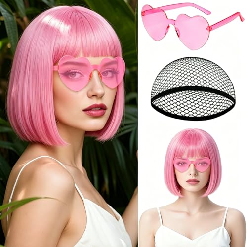 Image of MEEZY Pink Short Bob Wigs Straight Hair with Flat Bangs Heart Sunglasses for Women, Colorful Funny Cosplay Party Neon Wig Synthetic Natural As Real Carnival Halloween Costume