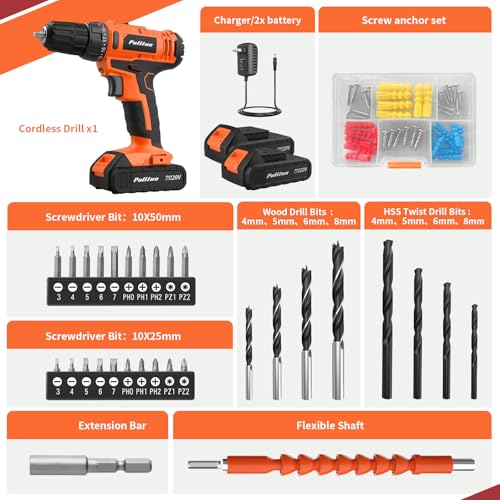 Image of PULITUO 20V Cordless Drill /Driver, 2 Batteries Electric Screwdriver, 30Nm Power Drill Driver, 21+1 Torque, 2 Speed, 3 /8 inchKeyless Chuck, power Drill with LED Light, Drill Driver Kit for Home (Orange)