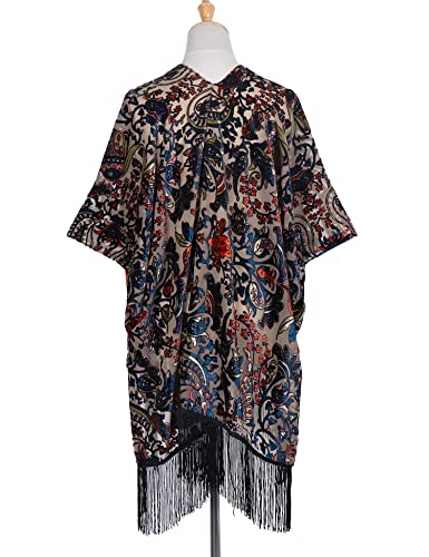 Image of MJ SERECA Women's Burnout Velvet Kimono Cardigan Cover Up with Tassel