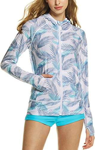 Tsla Women's Hoodie Zip Front Rash Guard, Upf 50+ Long Sleeve Swim Shirts, Uv/Spf Sunscreen Wetsuit Swimsuit Top, Zip Front Print Rashie Colorful Palm, X-Large #TOP1