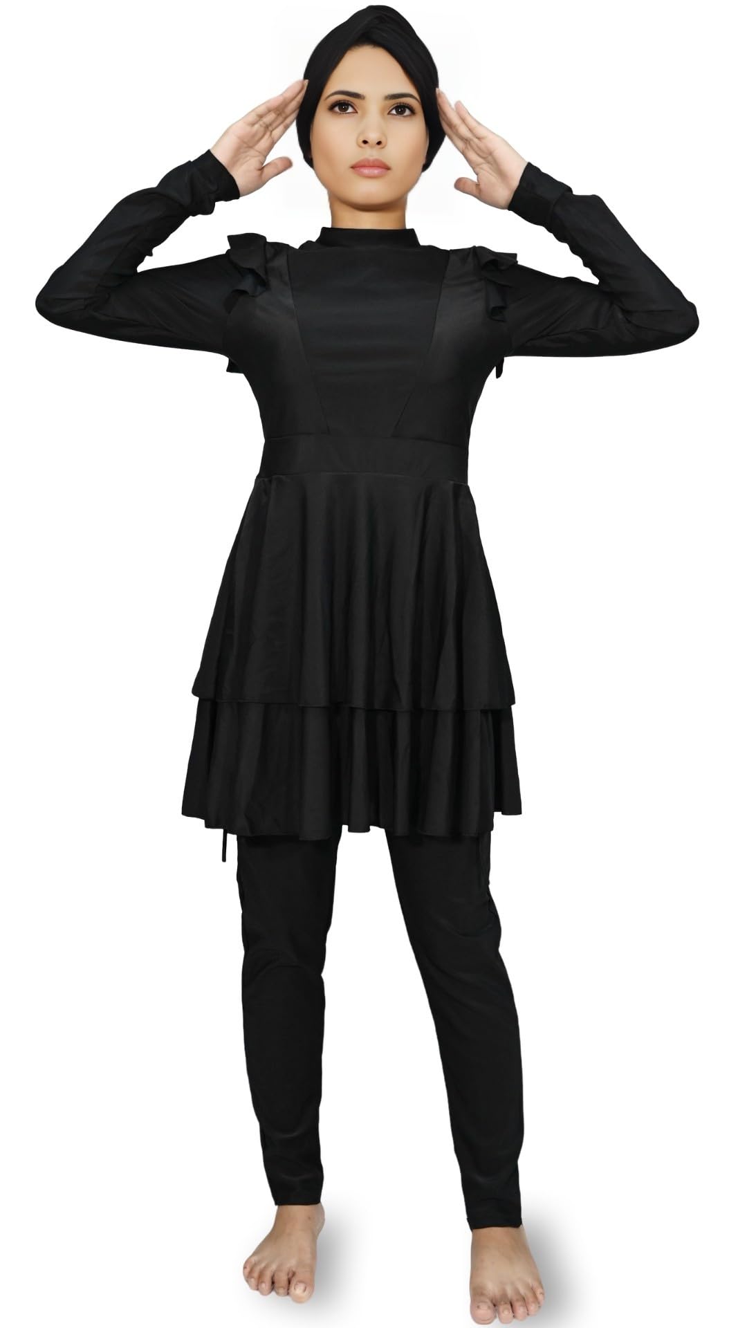 Burkini Modesto con Gonna a Strati e Volant per Copertura Totale (Nero, 3XL=50)