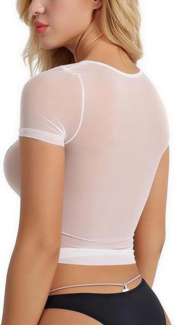 ROSVAJFY Women's Mesh Crop Tops Sexy Sheer Cropped Top Short Sleeves See-Through Blouse Transparent T Shirt Slim Fit Clubwear Temptation for Club Party