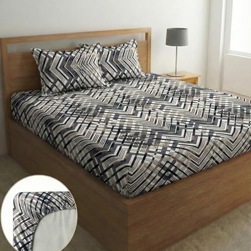 Image of Home Sizzler 210 TC Microfibre Abstract Geometric Print Double Fitted Bedsheet (72X78 inch) with 2 King Size Pillow Covers