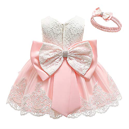 Toddler Baby Girls Dress Lace Princess Baptism Cocktail Party Flower Bowknot With Headwear(Pink 6M) #TOP7