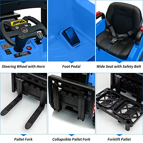 Garvee 12V Electric Ride on Forklift Car with Remote Control, Ride on Car with Liftable Fork and Pallet, High/Low Variable Speed, Music, USB, MP3, and Low-Power Alarm for Boys and Girls(No Tent,Blue)