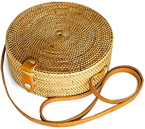 Handwoven Round Woven Ata Rattan Bag Colorful Batik Linen Inside