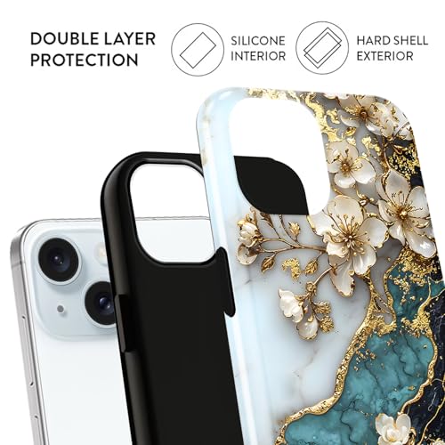 Coque fleur blanche de luxe pour iPhone 15 motif marbre élégant - 2