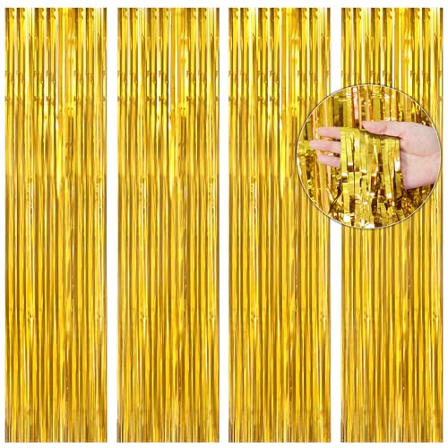 BTSD-home Gold Foil Fringe Curtain, Metallic Photo Booth Backdrop Tinsel Door Curtains for Wedding Birthday Bridal Shower Baby Shower Bachelorette Christmas Party Decorations(4 Pack, 8ft x 3ft)