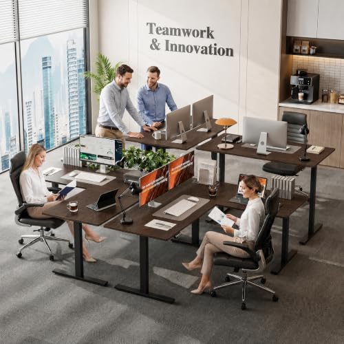 Image of Grandder 63 x 55 Inch L Shaped Standing Desk, Electric Height Adjustable Corner Stand Up Desk, Sit Stand Corner Table Home Office Table, Walnut Top Black Frame
