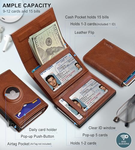 Airtag Wallet for Men,with Cash Pocket 2 ID Window 9-12 Cards,Metal Case Smart Slim Pop Up Credit Card Holder Flip with Magnetic Closure RFID Blocking Trifold wallet with Gift Box2