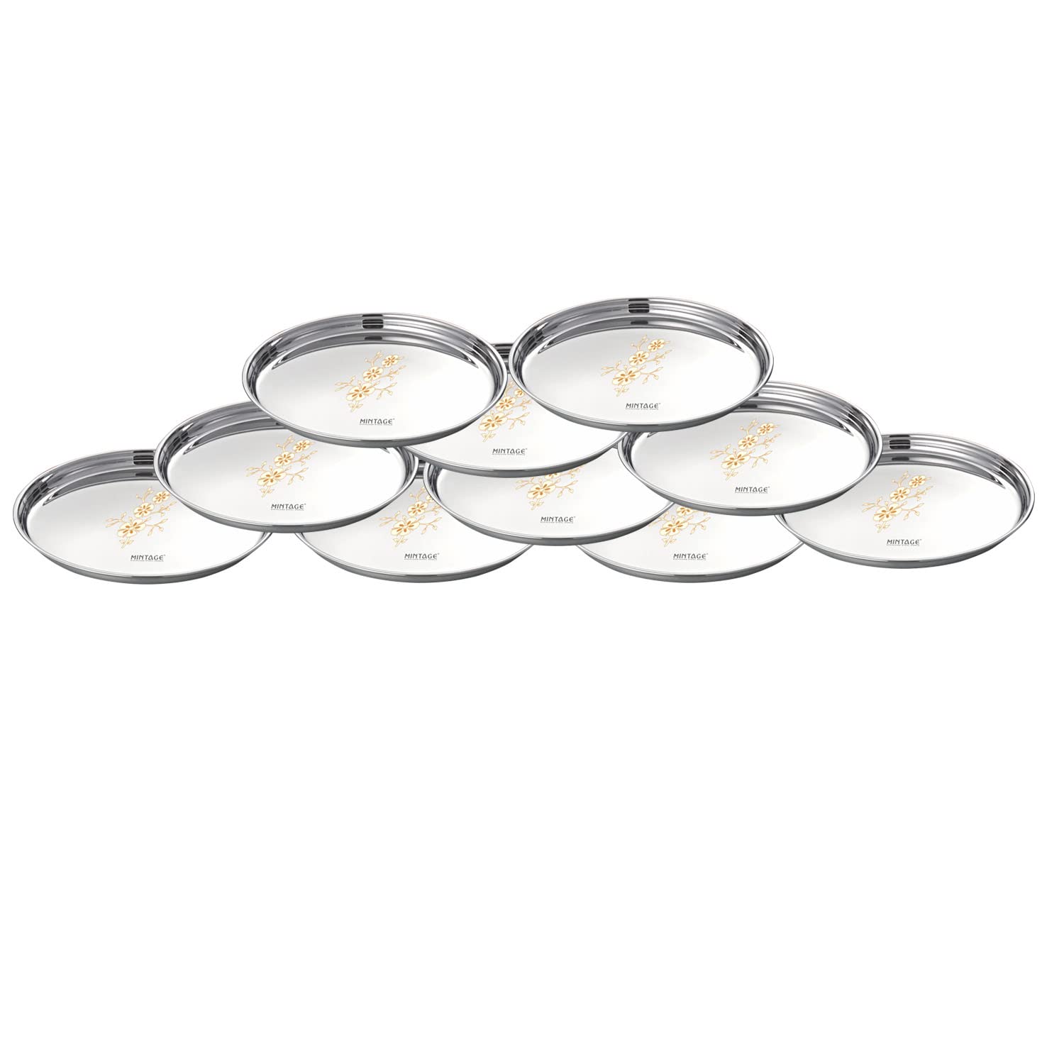 Mintage Stainless Steel Begi Round Plate/Mini-Thali Set of 12 | Pearl High Gloss | Mirror Finish-Laser | 35+Years of Innovation and Quality | Thali Set of Stainless Steel Plates