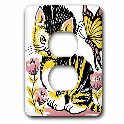 Double prise de courant décorée chat et papillon plaque murale 3dRose