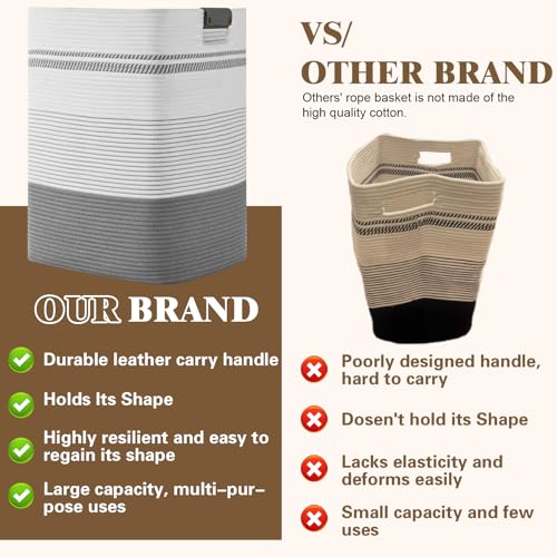 Image of Laundry Hamper, 85L Tall Laundry Basket with Leather Handles, Rectangle Large Clothes Hamper for Organizing, Cotton Woven Laundry Baskets Storage Hampers for Bedroom, Nursery, Living Room