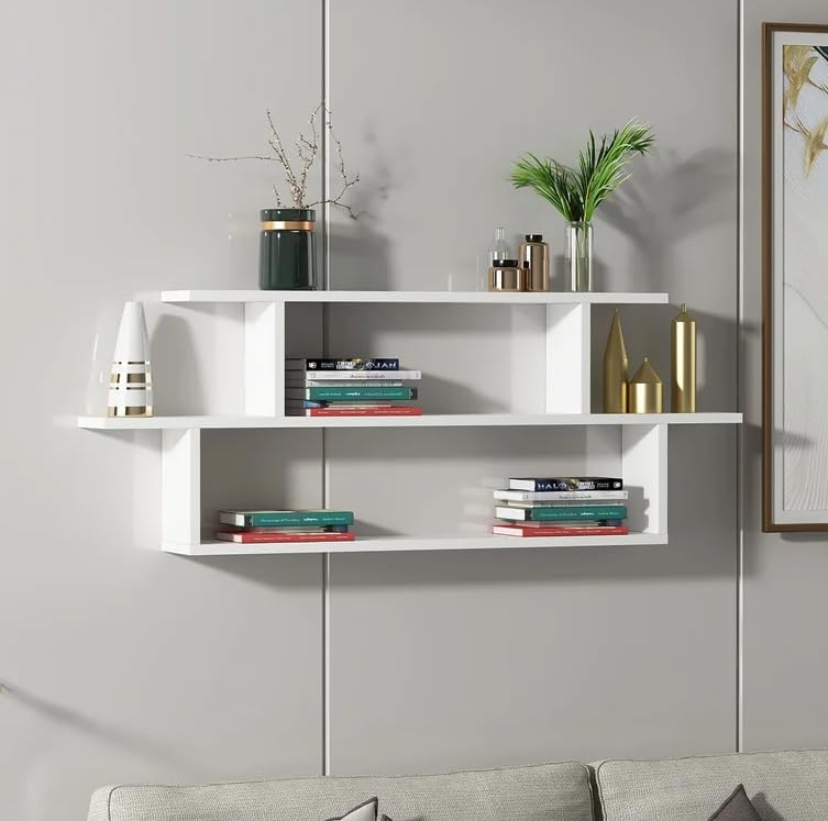 FURNEASER Midly Multipurpose Wall Display Shelf for Living Room Hanging Corner 2 Layer Rack Floating Bookshelf & Shelf Organizer Stand 16D x 80W x 40H Centimeters (White) FURNEASER Midly Multipurpose Wall Display Shelf for Living Room Hanging Corner 2 Layer Rack Floating Bookshelf & Shelf Organizer Stand 16D x 80W x 40H Centimeters (White)