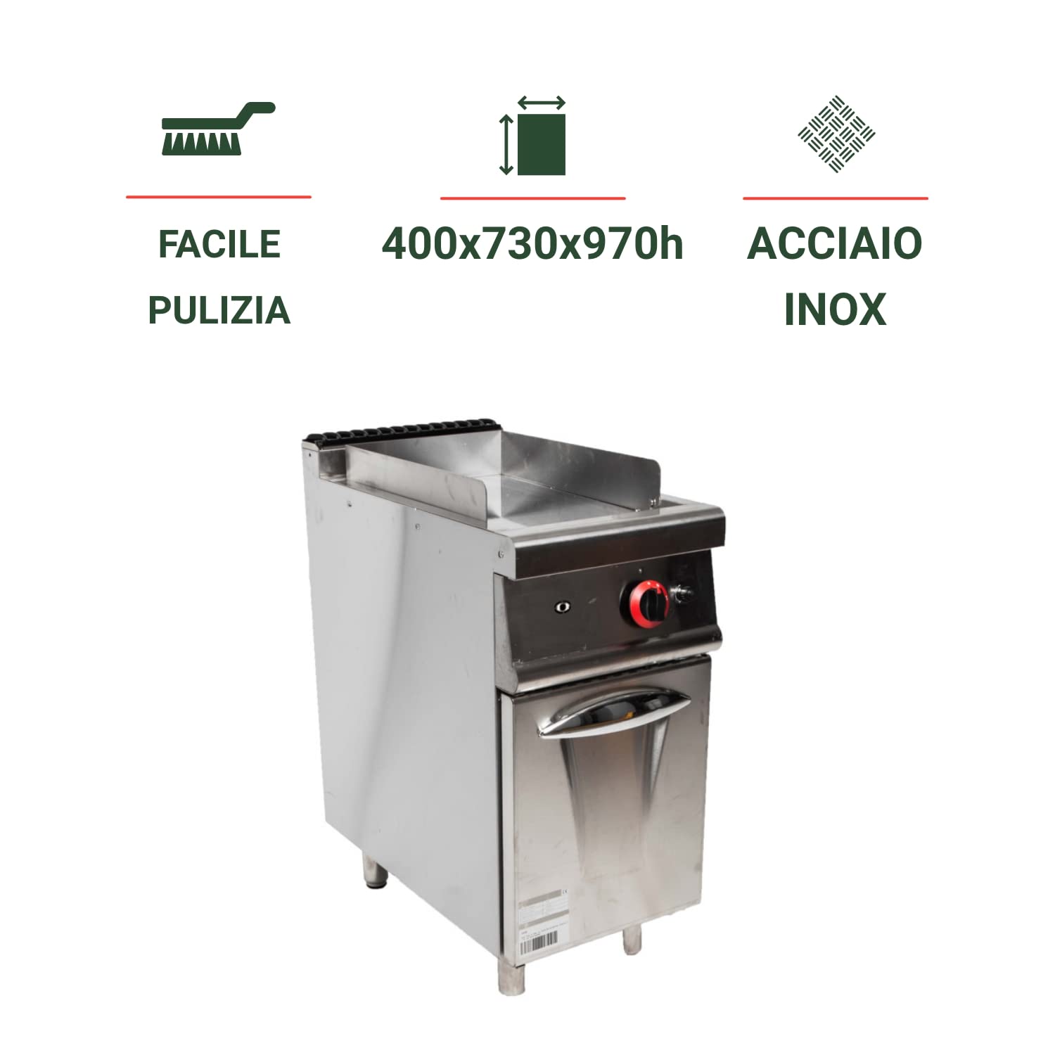 Ristoattrezzature Fry Top Griglia a Gas su Mobile - Acciaio Inox - Piastra liscia S/70-400x730x970h mm