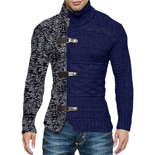 Men's Turtleneck Cardigan Sweater Patchwork Zipper Button Down Sweaters Casual Cable Knitted Pullover Jumper