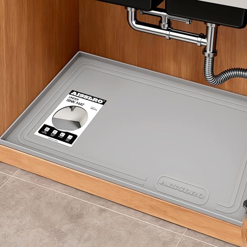 Aisslro Under Sink Mat 22' X 19', Waterproof Silicone Cabinet Organizer Protector with Raised Edge, Kitchen & Bathroom Leak Tray, Shelf Liner & Pet Feeding Mat for Dog Cat Food Mats, Gray