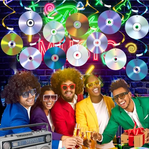 Image of 24PCS 90s Party Hanging Swirls Decorations - Retro CD Music Theme Party Ceiling Streamers for 1990s 2000s Y2k Birthday Party Decorations Supplies, 12 Designs