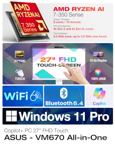 Image of ASUS 27 inch Touchscreen All-in-One Desktop, AMD Ryzen AI 7 350, Copilot+ AI PC | 32GB DDR5 RAM, 2TB SSD, 27 inch IPS FHD Display, AMD Radeon 860M, Wi-Fi 6, Windows 11 Pro, Wireless Keyboard and Mouse Combo