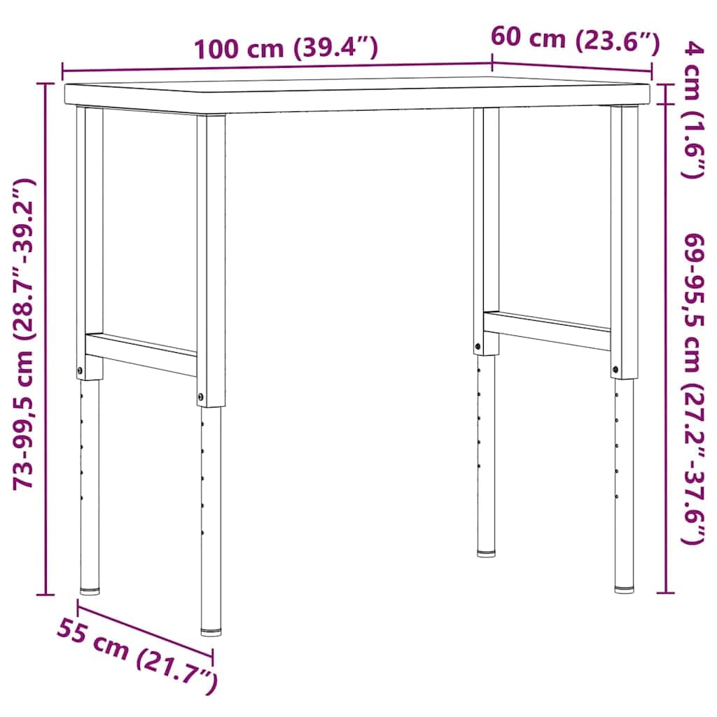 vidaXL Banco Lavoro 100x60x(73-99,5) cm Legno di Acacia Rettangolare, tavolo da lavoro, postazione da lavoro, banco da lavoro in metallo