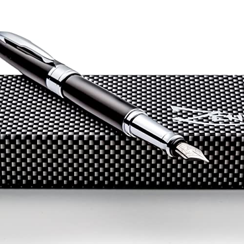 ZenZoi Black Fountain Pen Set. Elegant Fine Nib Fountain Pen w/German Schmidt Nib, Ink Converter, 2 Ink Refills (Blue + Black) & Gift Box. Executive Pen, Luxury Pen for Men or Women (Fine Nib, Black)