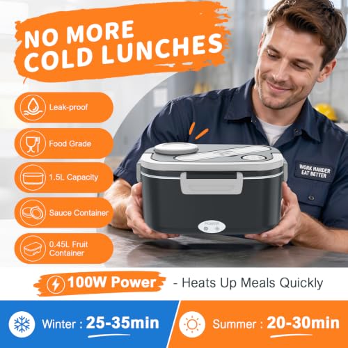 Image of HOLDRUBY Electric Heated Lunch Boxes Adults: 100W Protable Food Warmer with Sauce Box 1.5L Heatable Lunch Box for Car /Truck /Office 12 /24 /110-230V Leak-Proof Stainless Steel Container,Fork & Spoon,Bag