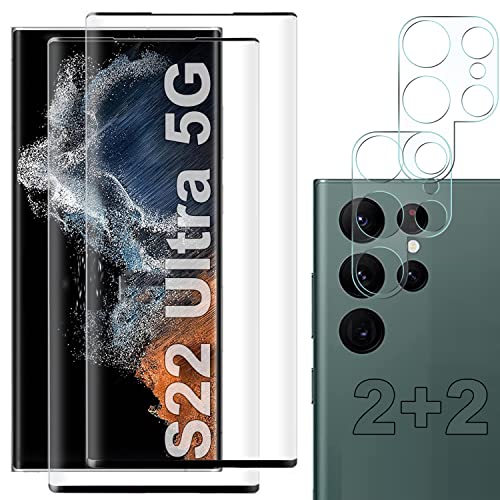 [2+2 Pack] Galaxy S22 Ultra Screen Protector Include 2 Pack Tempered Glass Screen Protector +2 Pack Tempered Glass Camera Lens Protector,9H Hardness,3D Curved,Bubble Free for Galaxy S22 Ultra 5G