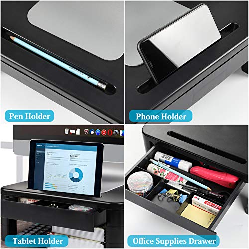 LORYERGO Monitor Riser Stand - Built with Storage Drawer, 3 Height Adjustable Monitor Stand for Computer, Laptop, Screen, Desktop Stand with Phone & Tablet Holder