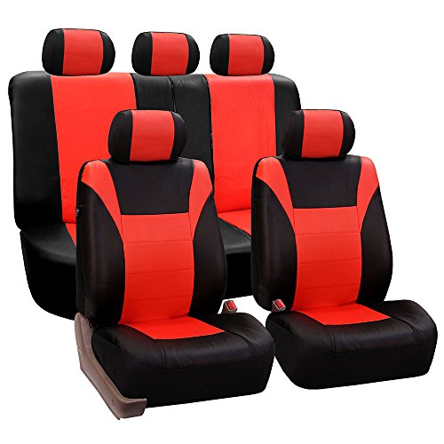 FH Group Automotive Seat Cover Racing PU Leather Tangerine Full Set Car Accessories, Airbag Compatible and Split Bench Tan Car Seat Covers Interior Accessories Universal Fit for Cars Trucks SUV