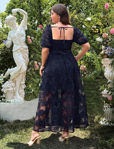Image of EYWOL Formal Wedding Guest Cocktail Party Floral Embroidered Dress M-3XL | Embroidered,Floral,Sheer A-Line,Maxi,Sweetheart Neckline,Puff Sleeves,Tie Back, Parties,Wedding,Formal,Cocktail,Occasions