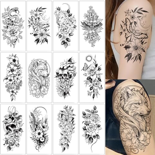 12 Sheets Temporary Tattoo for Men Women Adults, Black 3D Half Sl...