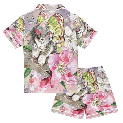 senya Retro Butterflies Kitten Cat Satin Summer Pajama Sets Silk Short Sleeve Button Down Sleepwear2