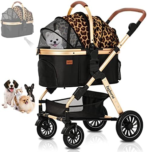 Ingborsa Pet Stroller, Dog Stroller for Medium Small Dog with Storage Basket Foldable Lightweight Dog Carrier Trolley.Basket can be Used Alone.（Leopard Brown）