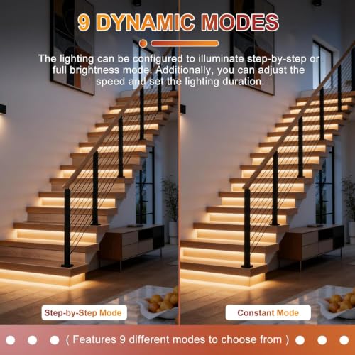Image of Smart Motion Sensor Stair Lights,16 Step COB Strip Kit with App Remote | PIR Motion Detection Staircase Lighting Automatic Dynamic Effects Always-On Mode Step-by-Step Illumination Easy DIY Setup