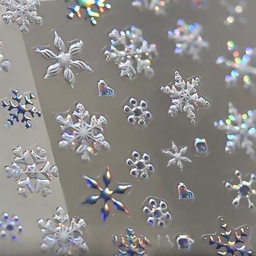Snowflake Nail Stickers 5D Embossed Laser Christmas Snow Nail Art Stickers Self-Adhesive Pegatinas Uas Xmas Snow Designs Holiday Winter Nail Decals Nail Art Supplies for Women Girls Acrylic Nails