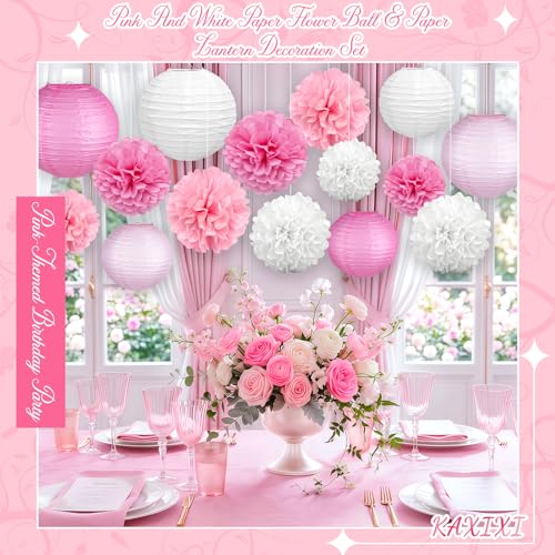 Image of KAXIXI 15-Piece Pink Party Decorations with Paper Lanterns & Pom Poms