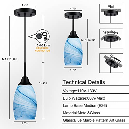 Image of Viinew Mini Glass Pendant Light,3-Pack Blue Marble Glass Pendant Lights