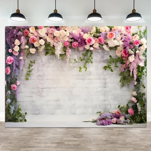 ASDCXZ 10x8ft Retro White Brick Wall Floral Backdrop Vine Leaves Rose Flowers Photography Background Bridal Shower Wedding Party Birthday Banner Decorations Adults Portrait Photo Booth Prop