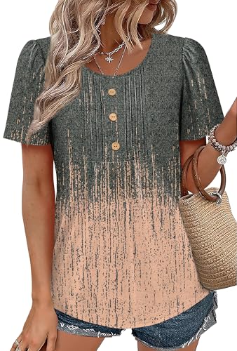 Image of Womens Tops Dressy Casual Blouses Short Sleeve Shirts Plus Size Fashion Clothing Spring Summer Outfits Button Pleated Front