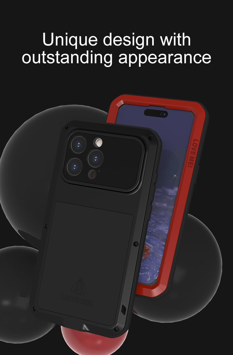 LOVE MEI for iPhone 15 Pro Max Case, Heavy Duty Rugged Full Body Protection Military Armor Bumper Aluminum Metal Dust/Shockproof Case with Tempered Glass (Black)
