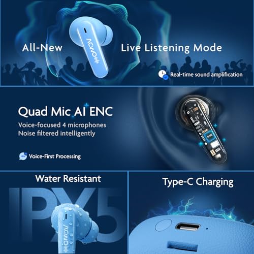 Image of ACwO DwOTS Muze, in-Built MP3 Player, TF Card Support, Recording Mode, Real-Time Audio Listening, HD Calling, Dual Device Connectivity, 10mm Dynamic Drivers, 4 EQ Modes, 45Hrs Playtime (Blue)