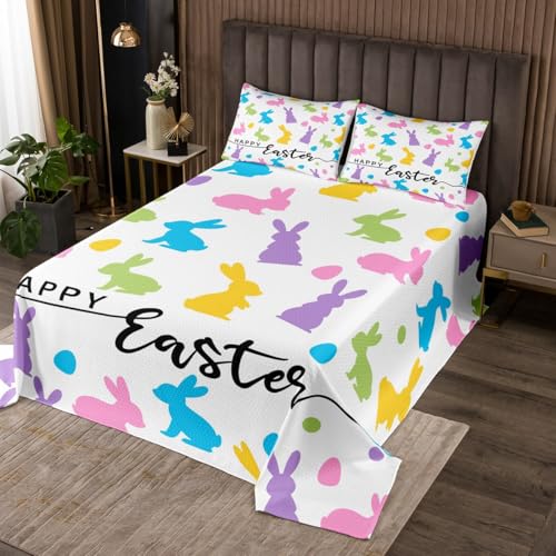 jejeloiu Kids Queen Size Happy Easter Coverlet Set Easter Colorful Eggs Bedspread Bunny Quilted Coverlet for Kids Boys Girls Easter Decor Quilted 3Pcs