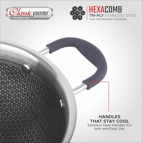 Image of Classic Steels Hexa Comb Triply Kadai with Glass Lid - 1.5 LTR (20cm) | Stainless Steel Non-Stick Kadhai for Cooking | Gas & Induction Compatible | 2.5mm Thickness | Durable Stay Cool Silicon Handle