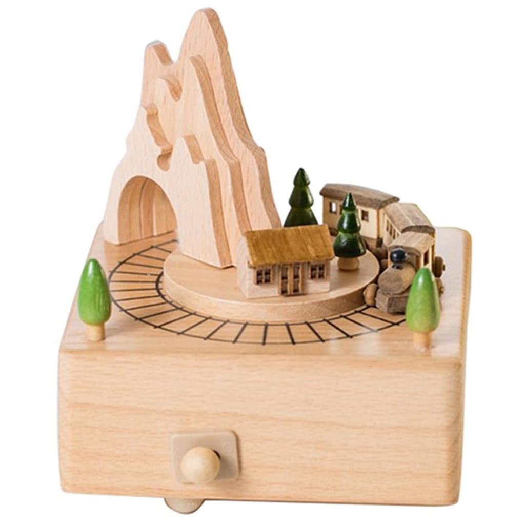 DKIUGL Wooden Musical Box Featuring Mountain Tunnel With Small Moving netic Train