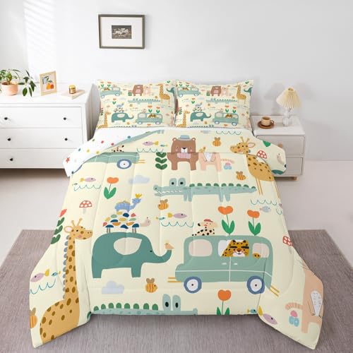 Image of Feelyou Kids Cartoon Elephant Bedding Set Full Size, Crocodile Comforter Set Boys Girls Bear Rabbit Comforter Zoo Animals Duvet Insert Kids Room Decor Microfiber Bed Set