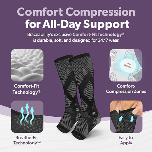 Image of BraceAbility Wide Calf Compression Socks - 20-30 mmHg Open Toe Stockings for Large Calves - Extra Wide Knee High Support for Varicose Veins, Swelling, Neuropathy, RLS - 1 Pair (XL /2XL WIDE - Gray)